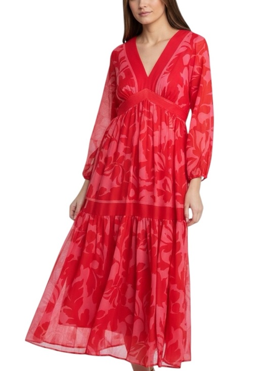 Taylor Dresses & Skirts - NWT TAYLOR Red & Pink Floral Long Sleeve V-Neck Tiered Maxi Dress Size 4